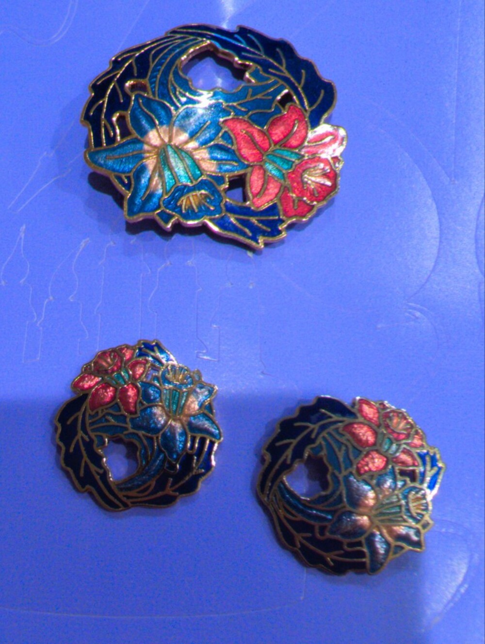 Vintage Cloissone Enamel Brooch And Earrings Set